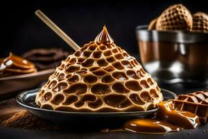 de honingraat is gemaakt van chocola en karamel. ai-gegenereerd foto
