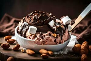 chocola ijs room met marshmallows en amandelen in een schaal. ai-gegenereerd foto