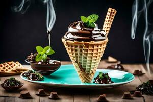 chocola ijs room in een wafel ijshoorntje Aan een bord. ai-gegenereerd foto