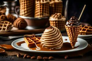 een wafel ijshoorntje met chocola en koffie bonen. ai-gegenereerd foto