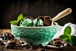 chocola ijs room in een kom met munt bladeren en chocola snoepjes. ai-gegenereerd foto