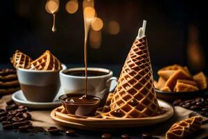 koffie en wafels Aan een donker achtergrond. ai-gegenereerd foto