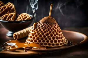 een wafel met karamel en chocola Aan top. ai-gegenereerd foto