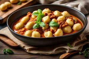 pasta met vlees en tomaat saus in een schaal. ai-gegenereerd foto