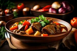 een kom van rundvlees stoofpot met groenten en wortels. ai-gegenereerd foto