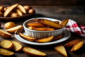 aardappel chips in een kom Aan een houten tafel. ai-gegenereerd foto