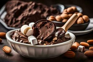 chocola pudding met marshmallows en amandelen. ai-gegenereerd foto