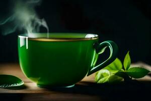 een kop van groen thee met bladeren Aan een donker achtergrond. ai-gegenereerd foto