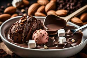 chocola ijs room in een kom met amandelen. ai-gegenereerd foto