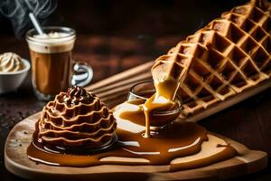 een wafel is wezen gemotregend met karamel en koffie. ai-gegenereerd foto