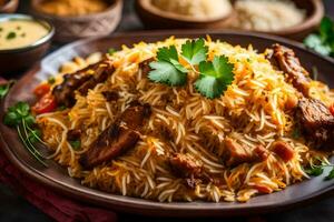 Indisch biryani - een traditioneel schotel van rijst- en vlees. ai-gegenereerd foto