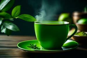 een kop van groen thee Aan een houten tafel. ai-gegenereerd foto