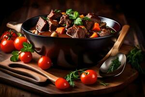 rundvlees stoofpot in een kom met tomaten en kruiden. ai-gegenereerd foto