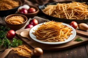 gebakken aardappelen in een kom en eieren Aan een houten tafel. ai-gegenereerd foto