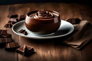 chocola kop met geslagen room Aan een houten tafel. ai-gegenereerd foto