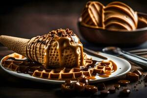 een wafel ijshoorntje met karamel en chocola motregen. ai-gegenereerd foto