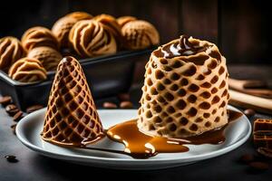 een wafel ijshoorntje met karamel saus en koffie bonen. ai-gegenereerd foto