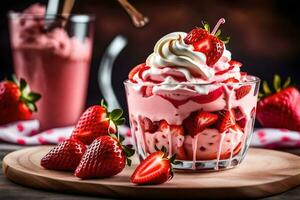 aardbei milkshake met geslagen room en aardbeien. ai-gegenereerd foto