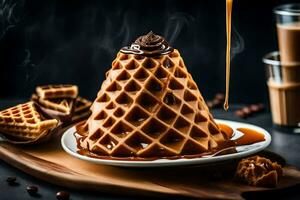 de wafel ijshoorntje is een wafel ijshoorntje met een wafel ijshoorntje Aan top. ai-gegenereerd foto