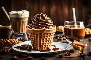 een wafel ijshoorntje met chocola en koffie Aan een houten tafel. ai-gegenereerd foto