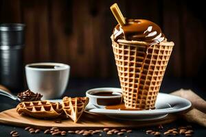 chocola wafel met karamel en koffie bonen Aan een houten tafel. ai-gegenereerd foto