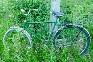 een oud groen fiets leunend tegen een pool in de gras foto