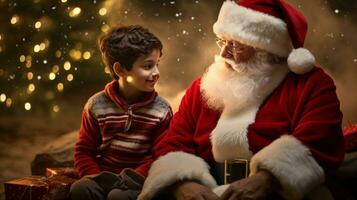 ai generatief kinderen van verschillend etniciteit vergadering de kerstman met een bokeh gevulde achtergrond foto