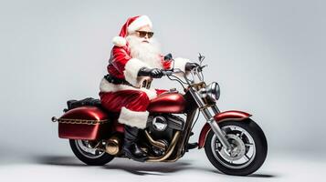 ai generatief koel fietser de kerstman met zonnebril Aan een motor foto