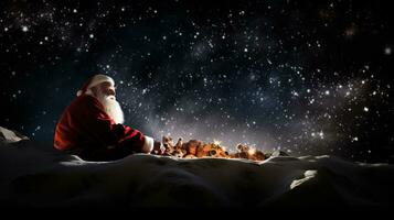 ai generatief de kerstman sterrenwacht Aan een Doorzichtig nacht foto