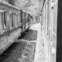 shimla, himachal pradesh, Indië - augustus 14, 2023 - speelgoed- trein kalka-shimla route, in beweging Aan spoorweg naar de heuvel, speelgoed- trein van kalka naar shimla in Indië tussen groen natuurlijk Woud foto