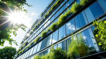 milieuvriendelijk gebouw in de modern stad. duurzame glas kantoor gebouw met boom voor verminderen koolstof dioxide. kantoor gebouw met groen omgeving. zakelijke gebouw verminderen co2. generatief ai foto