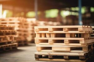 stack van houten pallet. industrieel hout pallet Bij fabriek magazijn. lading en Verzenden. duurzaamheid van levering kettingen. milieuvriendelijk en duurzame eigendommen. hernieuwbaar hout pallet. generatief ai. foto