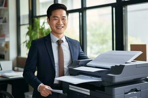 glimlachen Aziatisch zakenman prints papier Aan een multifunctioneel laser printer in bedrijf kantoor. document en papierwerk. kopiëren, afdrukken, scannen, en fax machine. afdrukken technologie. fotokopie. generatief ai. foto