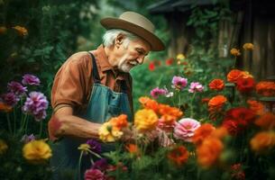 senior tuinman snoeien bloemen in tuin. genereren ai foto