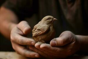 pottenbakker meester Holding vogel kunst beeldhouwwerk. genereren ai foto