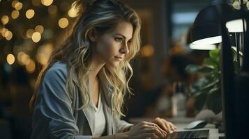 detailopname beeld van jong professioneel vrouw manager gebruik makend van laptop Bij haar kantoor,. ai gegenereerd foto