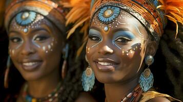 mensen genieten van straat carnaval festival, vrienden lachend buitenshuis in kostuums. opmerken heuvel carnaval uitvoerder. ai gegenereerd foto