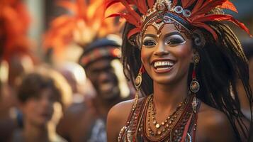 mensen genieten van straat carnaval festival, vrienden lachend buitenshuis in kostuums. opmerken heuvel carnaval uitvoerder. ai gegenereerd foto