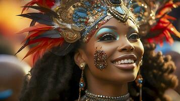 mensen genieten van straat carnaval festival, vrienden lachend buitenshuis in kostuums. opmerken heuvel carnaval uitvoerder. ai gegenereerd foto