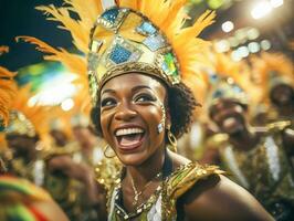 mensen genieten van straat carnaval festival, vrienden lachend buitenshuis in kostuums. opmerken heuvel carnaval uitvoerder. ai gegenereerd foto