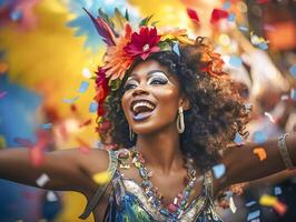 mensen genieten van straat carnaval festival, vrienden lachend buitenshuis in kostuums. opmerken heuvel carnaval uitvoerder. ai gegenereerd foto