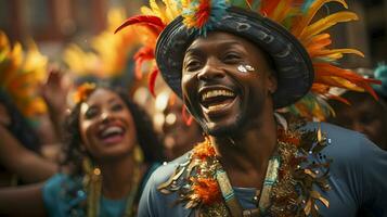 mensen genieten van straat carnaval festival, vrienden lachend buitenshuis in kostuums. opmerken heuvel carnaval uitvoerder. ai gegenereerd foto