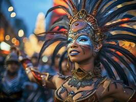 mensen genieten van straat carnaval festival, vrienden lachend buitenshuis in kostuums. opmerken heuvel carnaval uitvoerder. ai gegenereerd foto