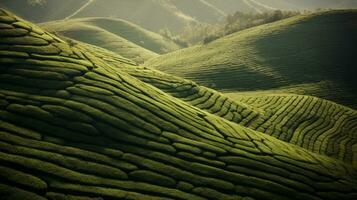 ai gegenereerd groen thee plantage, top visie structuur foto