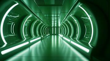 ai gegenereerd leeg groen futuristische tunnel. technologie ontwerp. foto