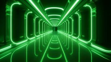 ai gegenereerd leeg groen futuristische tunnel. technologie ontwerp. foto