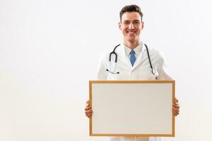 beeld van jong dokter Holding leeg whiteboard foto