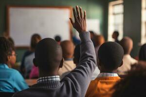 leraren dag - toegewijd afro-afstammeling studenten in de klas met een leraar onderwijs. Aan leraren dag, wij vieren de passie voor onderwijs en de liefde van aan het leren. ai generatief foto