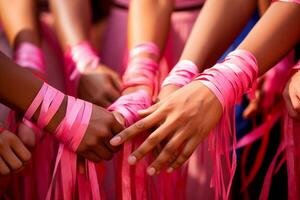 roze oktober - Dames samen met roze linten in borst kanker bewustzijn, roze linten de embleem van hoop. samen, wij zijn sterker. wij zullen ritme borst kanker. ai generatief foto