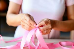 roze oktober - toegewijd vrouw, liefdevol het weven een roze lint, een symbool van bewustzijn voor de vroeg detectie van borst kanker. samen, wij zijn sterker. wij zullen ritme borst kanker.. ai generatief foto